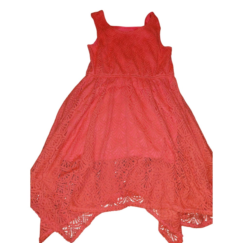 Kensie Girls Coral Pink Lace Handkerchief Hem Sleeveless Party Dress Size 12